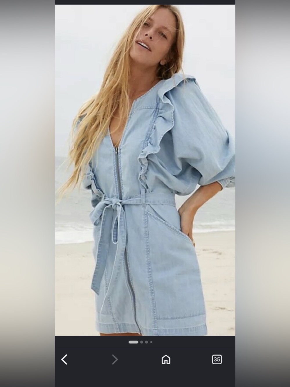 Free People Chambray Cotton Denim Mini Dress Belted Blue Front Zip SZ small